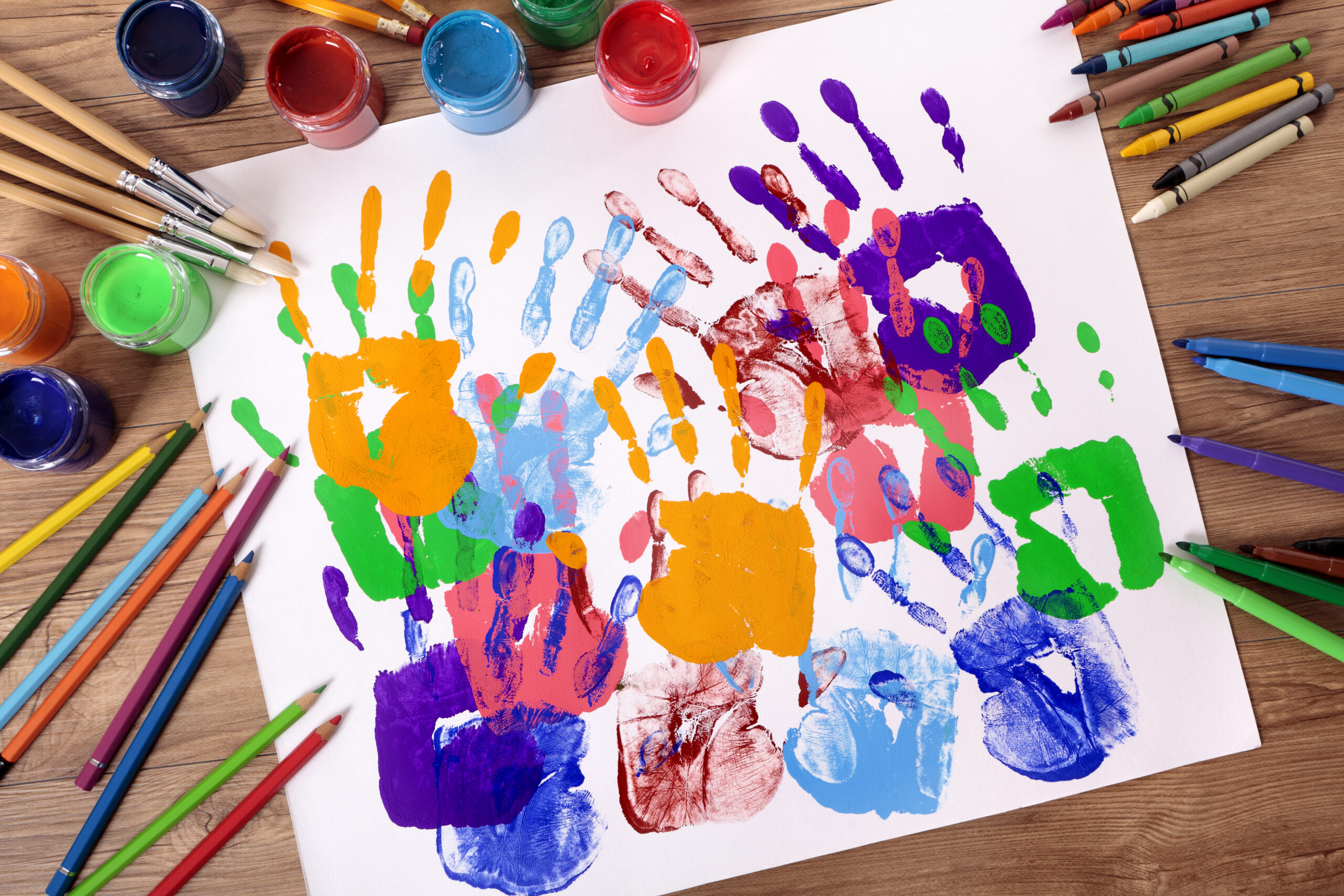 Handprints and art equipment